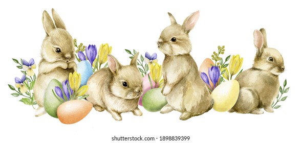 Hand-drawn watercolor illustration of Easter. Rabbit, Easter eggs, flowers. Easter card.