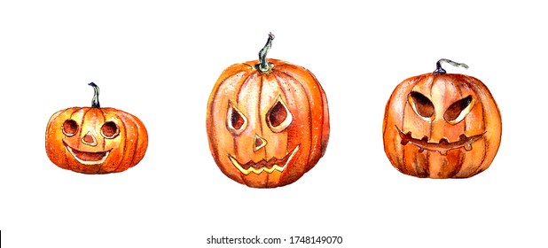 Hand-drawn watercolor illustration. Halloween, a set of yellow pumpkins to celebrate All Saints ' Day. Scarecrow for the interior. Isolated on a white background - Powered by Shutterstock