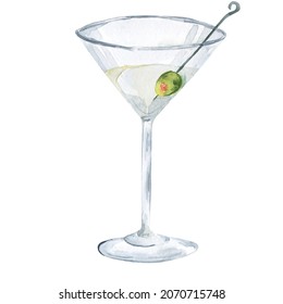 Hand-drawn watercolor illustration. Martini in the glass with green olives. Isolated alcohol drawing