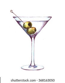 Hand-drawn watercolor illustration of the martini in the glass with green olives. Isolated alcohol drawing on the white background