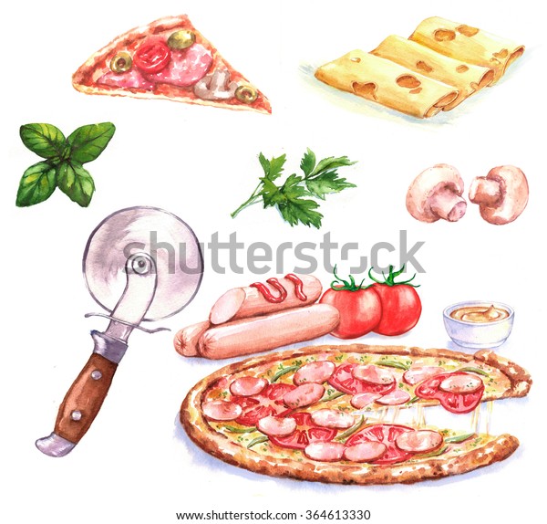 ピザとさまざまな材料の手描きの水彩イラスト キノコ チーズ バジル トマト ピザカッター 白い背景に図面 のイラスト素材