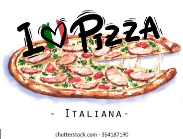 Hand-drawn watercolor illustration of the pizza. "I love pizza" illustration. Drawing of the fast Italian food isolated on the white background. - Powered by Shutterstock