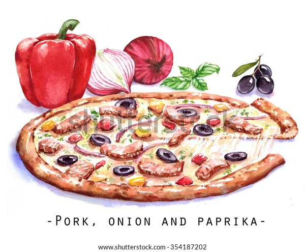 Handdrawn Watercolor Illustration Pizza Meat Sweet Stock Illustration