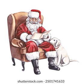 A hand-drawn watercolor illustration with Santa Claus sitting in an armchair and reading a letter. A Labrador is sitting next to Santa. - Powered by Shutterstock