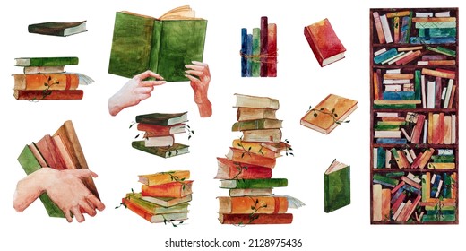 Hand-drawn watercolor illustration set of different books, wooden bookcase full of books, stack of books, books in hand. Bright illustration for design of book shop or library, cover, package, card.