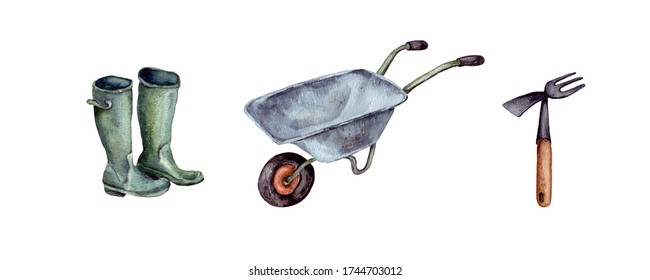 Hand-drawn Watercolor Illustration. A Set Of Garden Tools. Tools For Gardening On A Wooden Handle, A Gray Iron Cart On One Wheel, Green Boots For Gardening. Isolated On A White Background