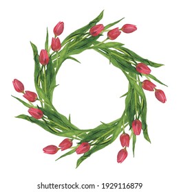 Hand-drawn Watercolor Illustration Of Tulip Wreath