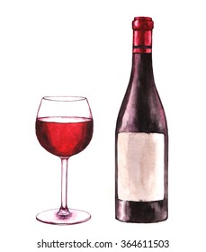  Hand-drawn watercolor illustration of the wine bottle and one glass of red wine.  Drawing isolated on the white background