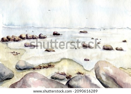 A hand-drawn watercolor illustration of a winter landscape. A snowy bay with frozen rocks and a sandy shore in a realistic manner. Beautiful painting in blue and beige colors.