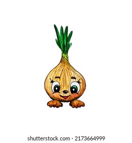 Hand-drawn with watercolor pencils onion. Cartoon onion with eyes. Baby cute pear. Baby clothes. Decor for children. Character. Ingredient in the kitchen. Cute vegetable. Оnion. - Powered by Shutterstock