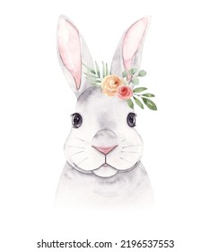 Hand  drawn watercolor portrait rabbit bunny and bouquet flowers