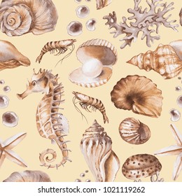Hand-drawn watercolor sea pattern with shells. Underwater repeated background