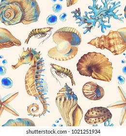 Hand-drawn Watercolor Sea Pattern With Shells. Underwater Repeated Background