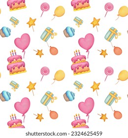 hand-drawn watercolor seamless pattern with gifts boxes, balloons, cakes, pastries, lollipops, stars, desserts. Design of wrapping paper and fabrics for celebrating a baby's birthday - Powered by Shutterstock