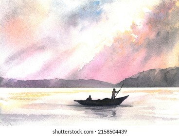 Hand-drawn Watercolor Seascape , Silhouette Of People In A Boat On The Water Surface, Sun Rays Breaking Through The Clouds