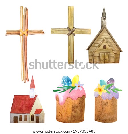 Hand-drawn watercolor set with elements for Easter isolated on a white background: a wooden cross, a cross made of twigs, a wooden church, a church with a red roof, Easter cakes with eggs.
