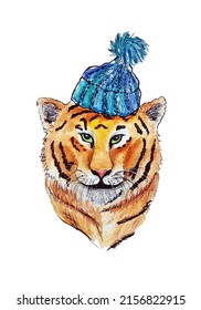 Hand-drawn watercolor. Tiger's head in a hat. Isolated on a white background.