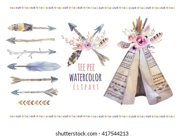 Handdrawn watercolor tribal teepee, isolated white campsite tent and arrow. Boho America traditional native ornament. Indian tee-pee with arrows, feathers. Decoration children  illustration.  