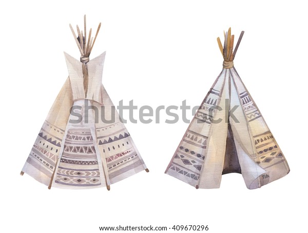 Handdrawn Watercolor Tribal Teepee Isolated White Stock Illustration