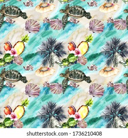 hand-drawn watercolor tropical seamless sea, palm tree, turtle, shell, pineapple, exotic bird, hat, flower, coconut on a textured background for use in design, textile, wallpaper, wrapping paper