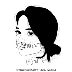 Hand-drawn Woman With Side View Black Hair With Paint Drop Vector