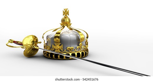 Handed Medieval Knight Sword And Crown 3d Illustration Isolated