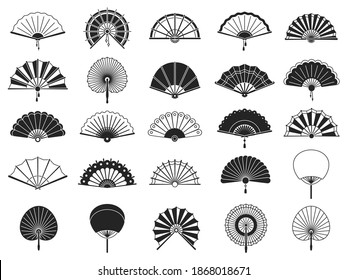 Handheld fan. Black silhouettes of chinese, japanese paper folding hand fans, traditional asian decoration and souvenir  isolated set. Chinese fan black silhouette illustration, asian souvenir