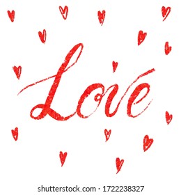 Hand-lettering sign with hearts for banner, poster, greeting card. Hand drawn vintage typography isolated on white background, clipart.