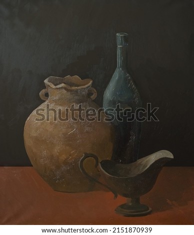 Handmade artwork. Oil painting still life with pot and bottle