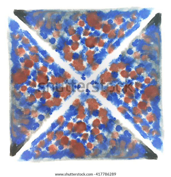 Handmade blue, orange and red pigments splash\
on a white backdrop. Abstract multicolored stains. Square\
symmetrical watercolor\
background.