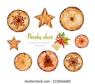 Handmade Christmas Decoration. Wooden Decoration. Rustic. Wood
Slice. Tree Rings. Poinsettia. Botanical Watercolor Illustration.