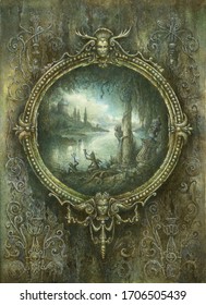 Handmade Detailed Painting Of A Richly Ornated Baroque Frame With A Fantasy Landscape Inside, Acrylic On Paper.