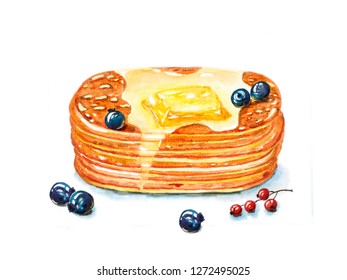 Handmade. Dig Pancakes With Blueberry And Black Currant Oil Are Stacked. Watercolor.