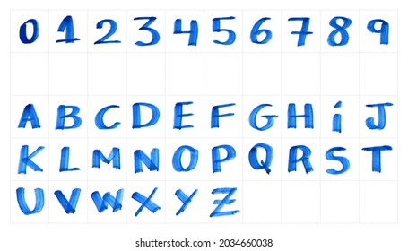 Handmade Lettering Alphabet, ABC, Handwritten With Marker, Blue Pen Texture. Design Layout, Font, Type, Typography, Character, Letter, Brush, White Background. 