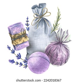 Handmade soap and bath bombs, a canvas bag with lavender sprigs on the white background. Watercolor illustration. Composition from the LAVENDER SPA collection. For decoration and design