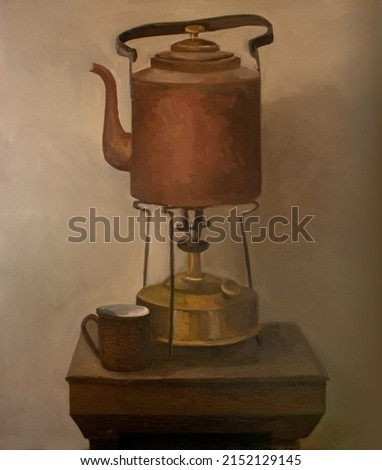 Handmade still life from nature. Oil painting with vintage teapot