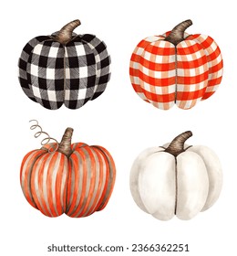 Handmade textile pumpkins for Halloween or Thanksgiving. Colored plaid and striped pumpkins on a white isolated background. Watercolor illustration suitable for postcard, invitations and flyer  - Powered by Shutterstock