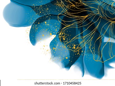 Handmade Watercolor, Alcohol Inks Flowers With Blue And Gold On The White Background. Useable As A Background Or Texture. Elegant Gold Veins And Splashes Wallpaper.