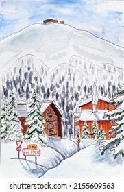 Handmade watercolor drawing cottage in the mountains in the snow  Winter  snow  covered trees 