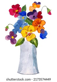 Handmade watercolor illustration bouquet of pansies on black background. Colorful background for fabric, wallpapers, gift wrapping paper, scrapbooking. Design for kids.
