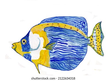 Handmade Watercolor Illustration Coral Angel Fish On White Background. Colorful Background For Fabric, Wallpapers, Gift Wrapping Paper, Scrapbook Ink. Design For Kids.