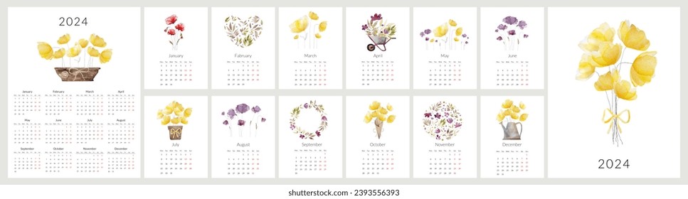 Handmade Watercolor Illustrations Of Flowers Feature In 2024 Calendar Spanning 12 Months - Powered by Shutterstock