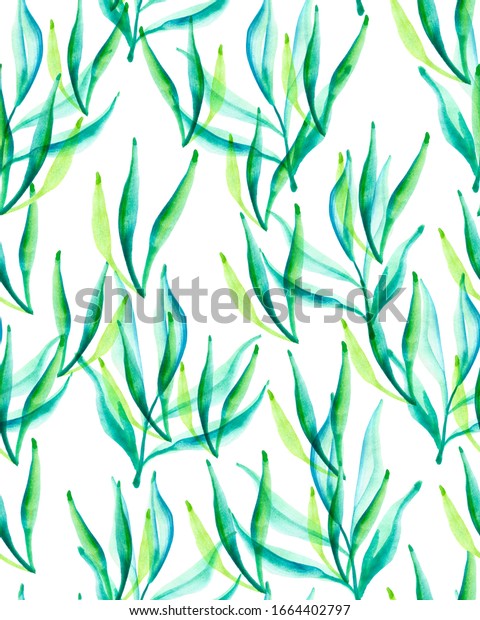 Handmade Watercolor Seamless\
Ornament. Stylized Element Ornament. Flying Primitive Leaves\
Seamless Backdrop. Bright Emerald Leaves On White. Floral Autumn\
Illustration.