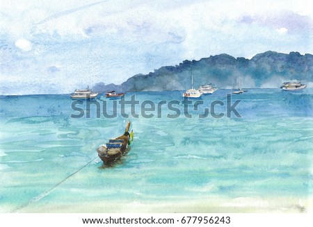 Handmade watercolor turquoise tropical sea bay with boats, boats and boats at anchor painting background