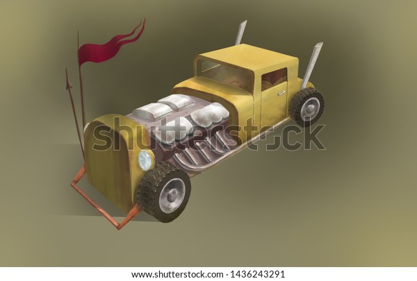 Handmade weird\
car in sand background with red\
flag