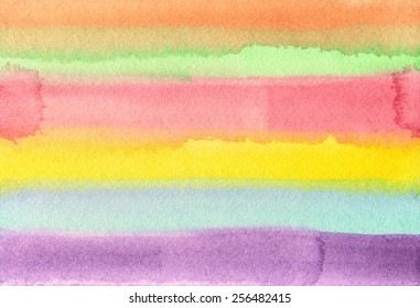 Hand-painted, abstract watercolor background in purple, blue, yellow, red, green and orange stripes.