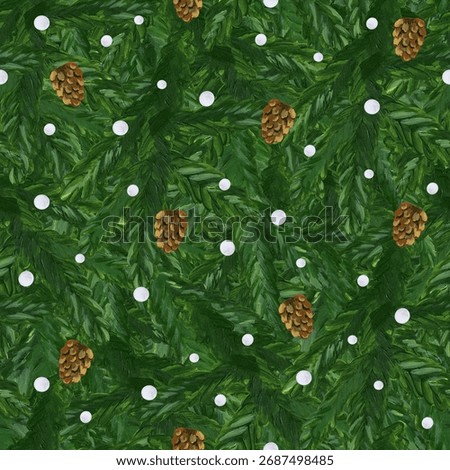 Hand-painted Christmas tree seamless pattern with pine cones and snow.