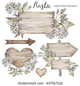 Handpainted Collection Watercolor Wood Planks Clipart. Wood Pointer, Board,wooden Heart. Rustic Illustration.Perfect For Blogs,lettering,pattern,invitation. Botanic.