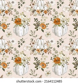 Hand  painted fall  themed digital paper  Pumpkins   flowers seamless pattern pastel pink background  Thanksgiving decorative print 