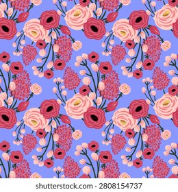 Handpainted Seamless Flowers Pattern on Lavender Background